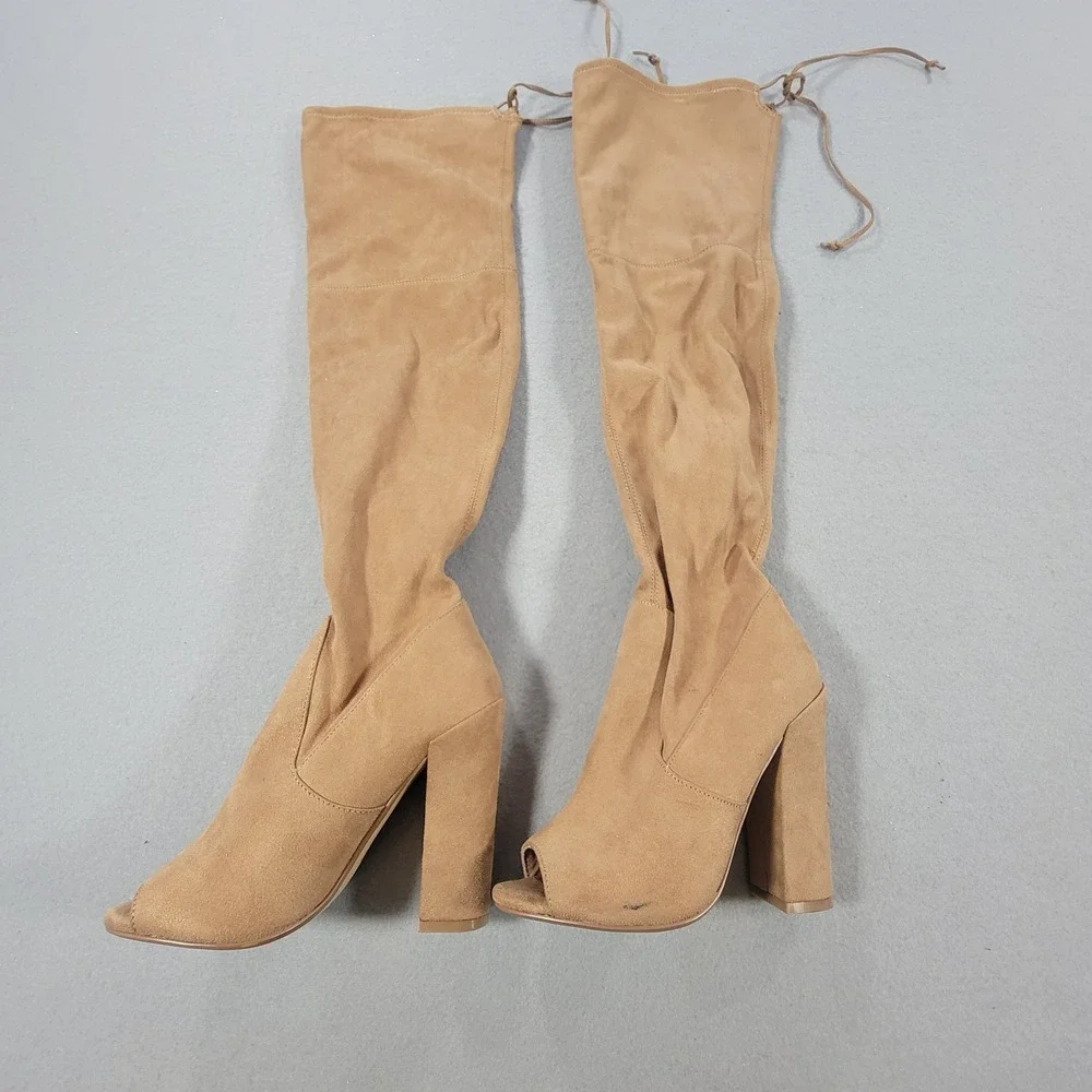 Steve Madden Elliana Thigh High Boots Tan Suede Open Toe Block Heel Women's 6.5M